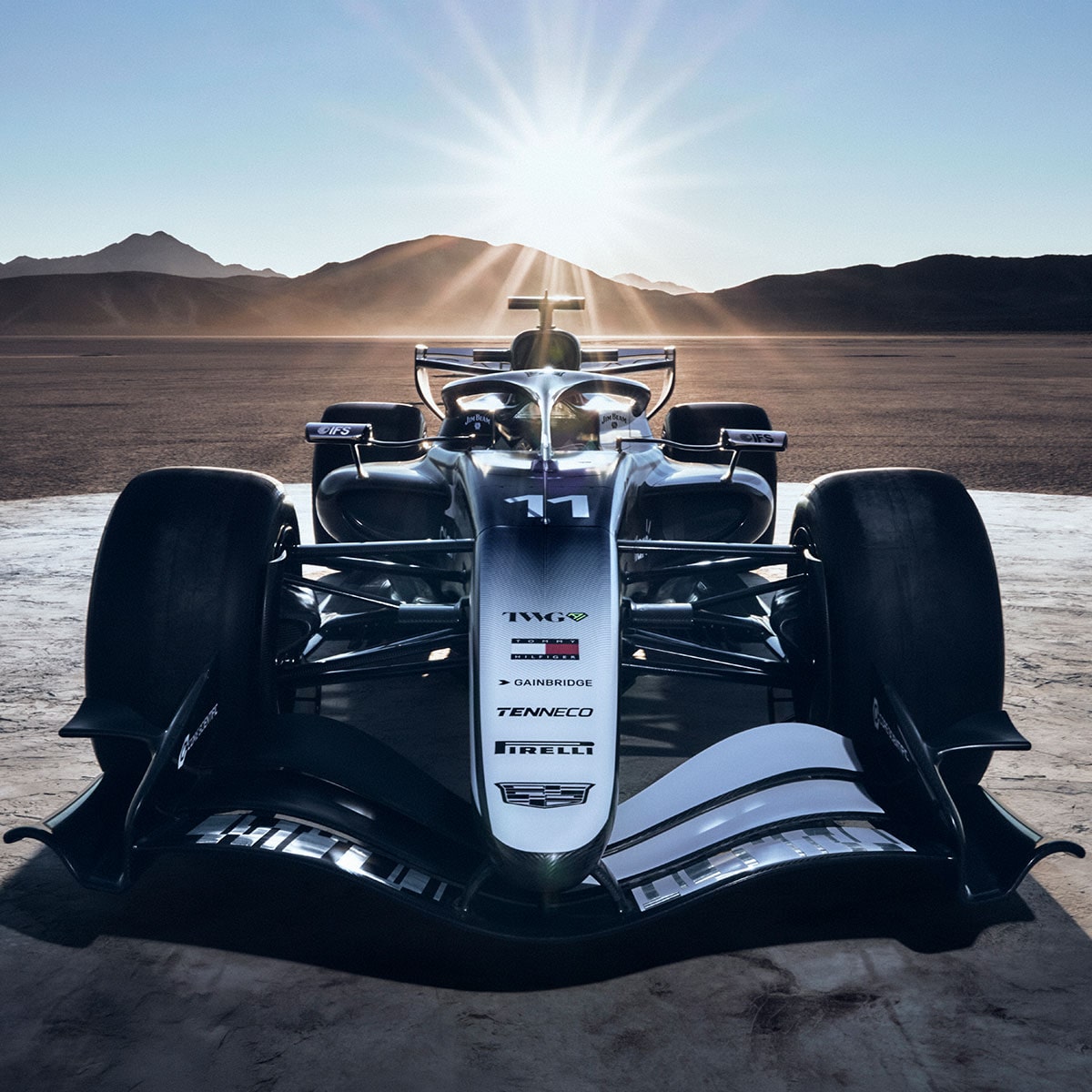 Front view of a Cadillac F1 racecar. 