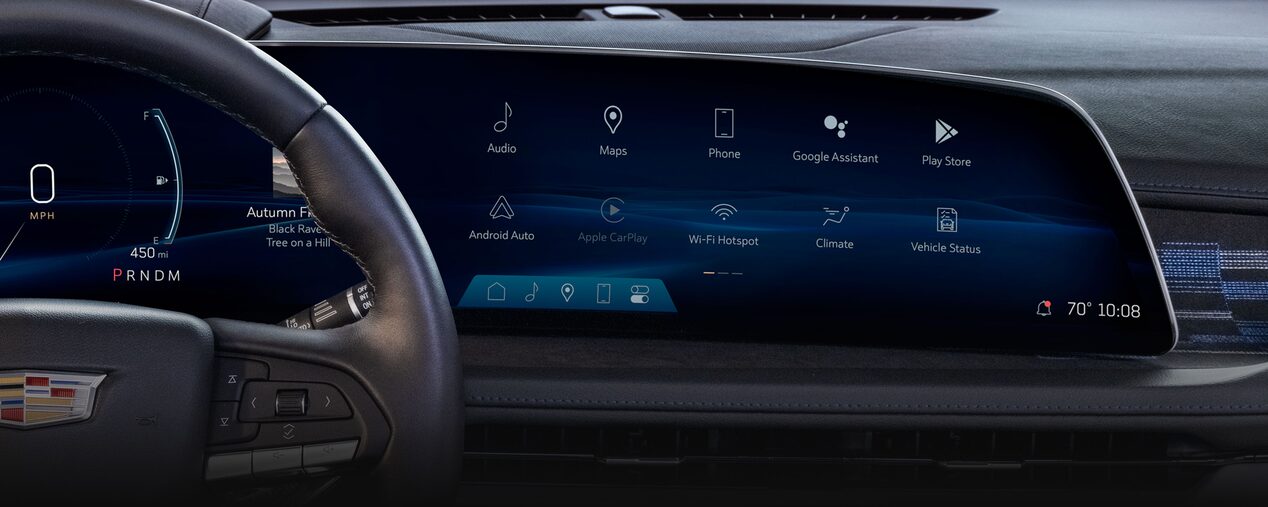 Google Built-In Capabilities Displayed on the Infotainment System of a Cadillac Vehicle