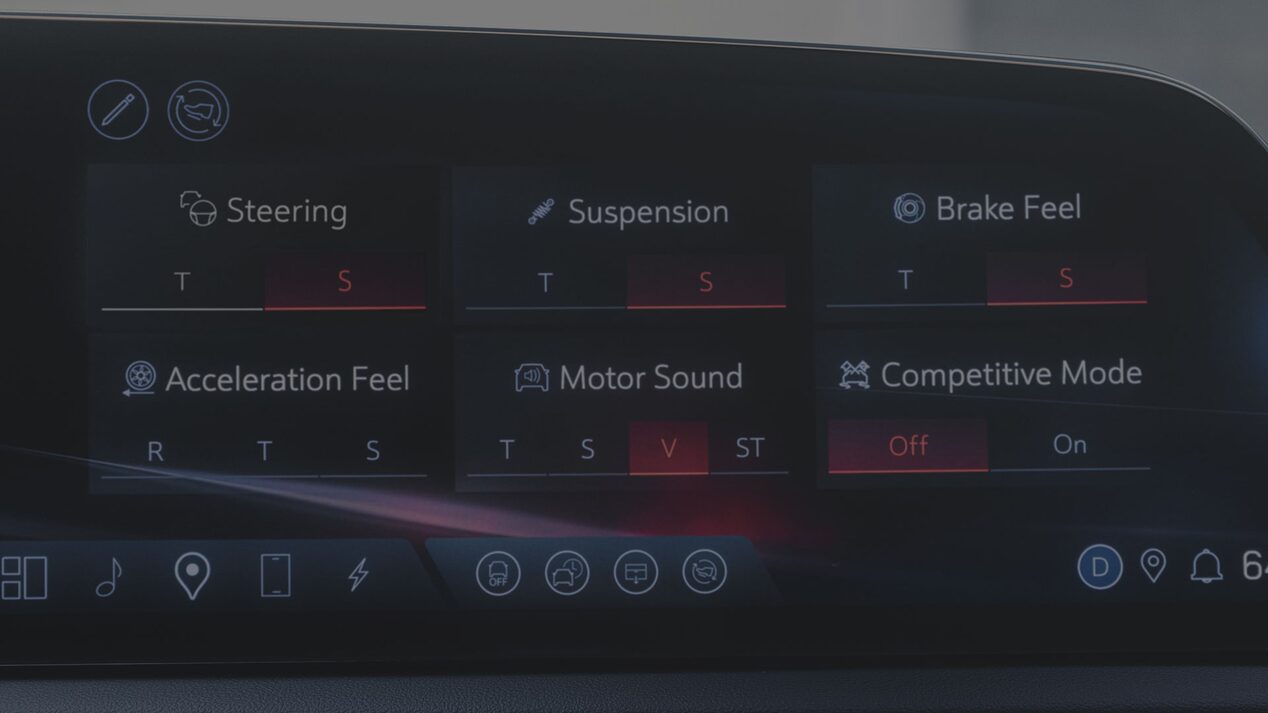 A Cadillac OPTIQ Infotainment Screen Showing Customizable Performance Settings Including Steering, Suspension, Brake Feel, Acceleration Feel, Motor Sound, And Competitive Mode.