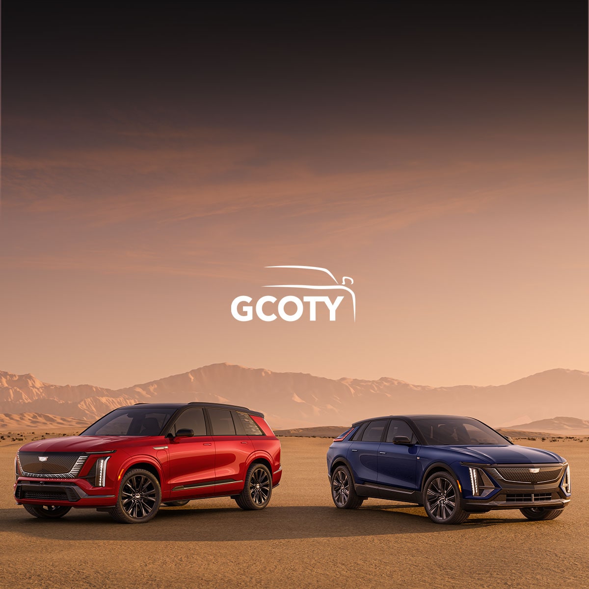 Two Cadillac SUVs Are Parked In a Desert Landscape Beneath Text Announcing Cadillac’s Back-To-Back German Luxury Car Of the Year Win Above the GCOTY Logo.