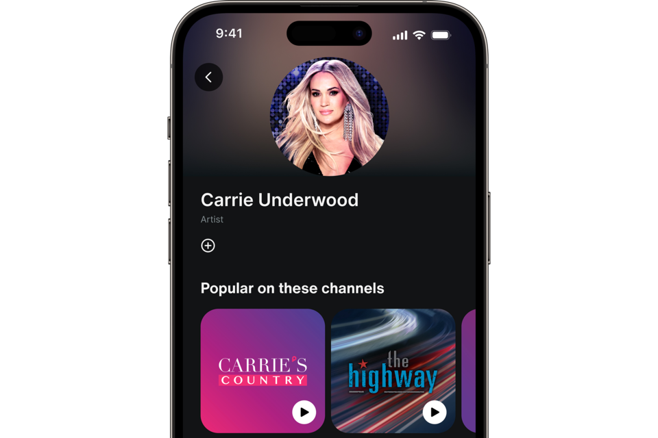 Close-up of the SiriusXM App Displaying the Carrie Underwood Artist Station