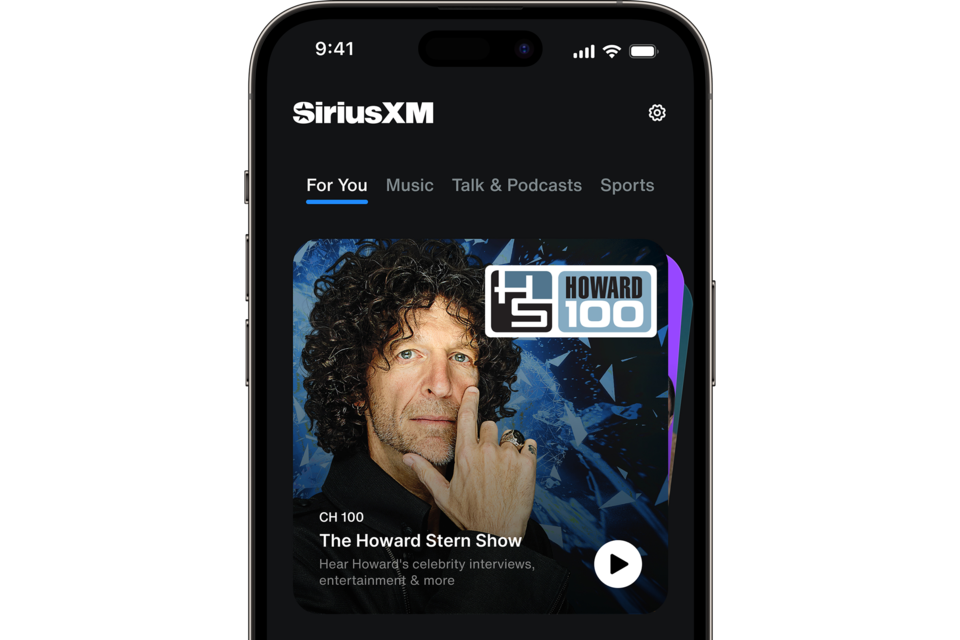 Close-up of the SiriusXM App Displaying The Howard Stern Show in the For You Tab
