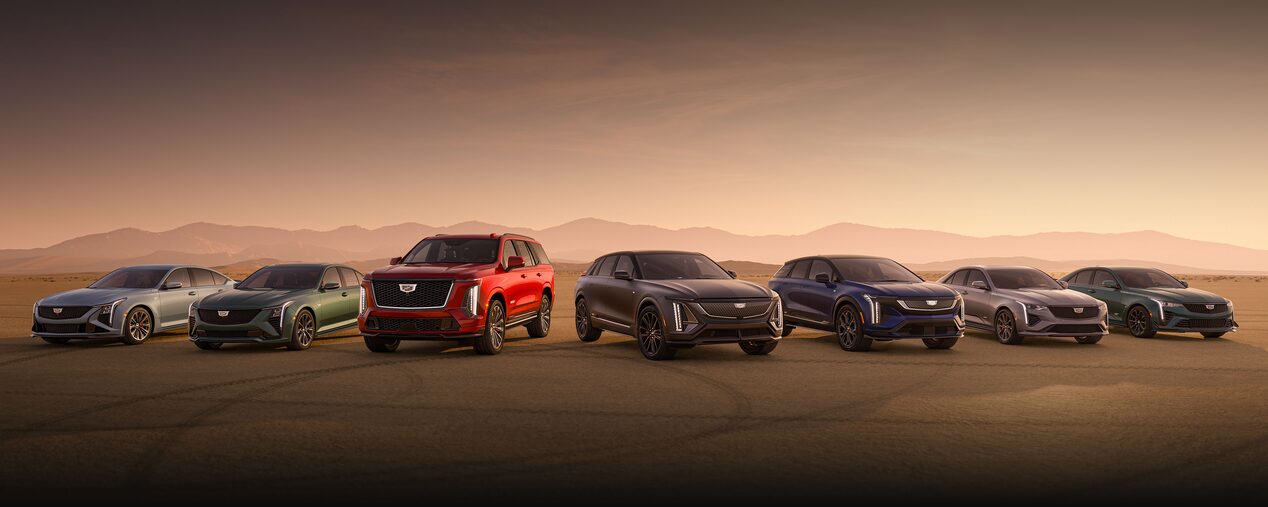 The Cadillac V-Series Lineup on a Desert Landscape.