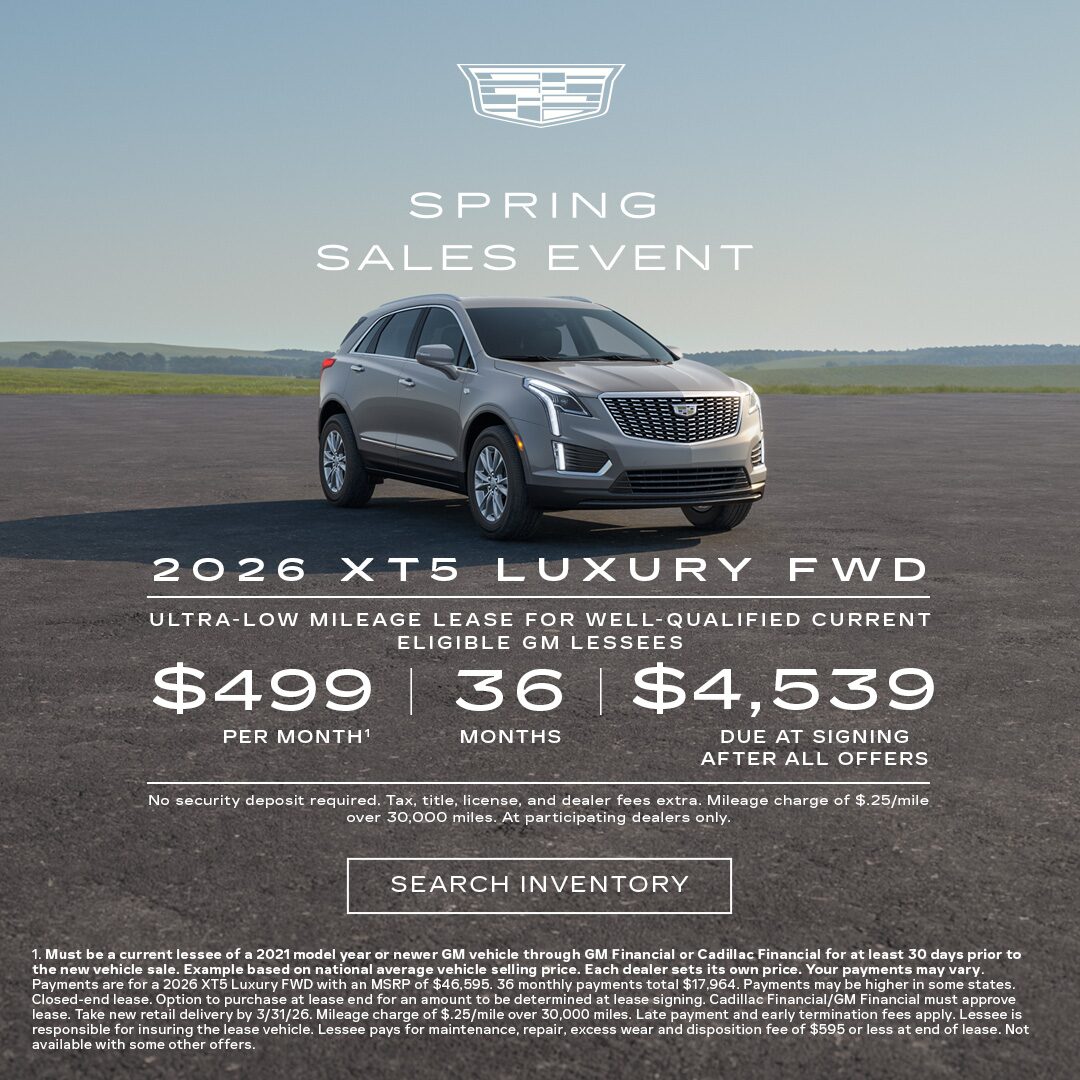 Three-quarter View of a 2025 Cadillac XT5 Parked Under a Beautiful Sky Next to a Current Offers Promotional Text