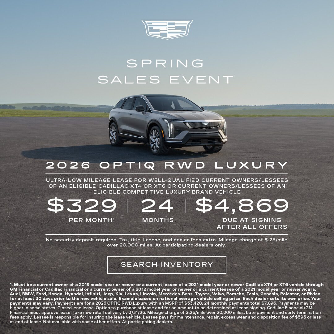 Three-quarter View of a 2026 Cadillac LYRIQ Parked Under a Beautiful Sky Next to a Current Offers Promotional Text