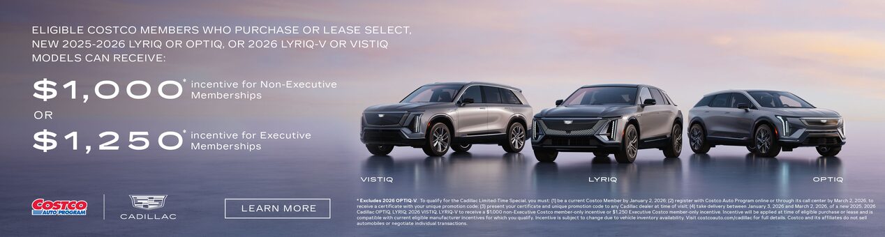 Three-quarter View of a 2026 Cadillac LYRIQ Parked Under a Beautiful Sky Next to a Current Offers Promotional Text