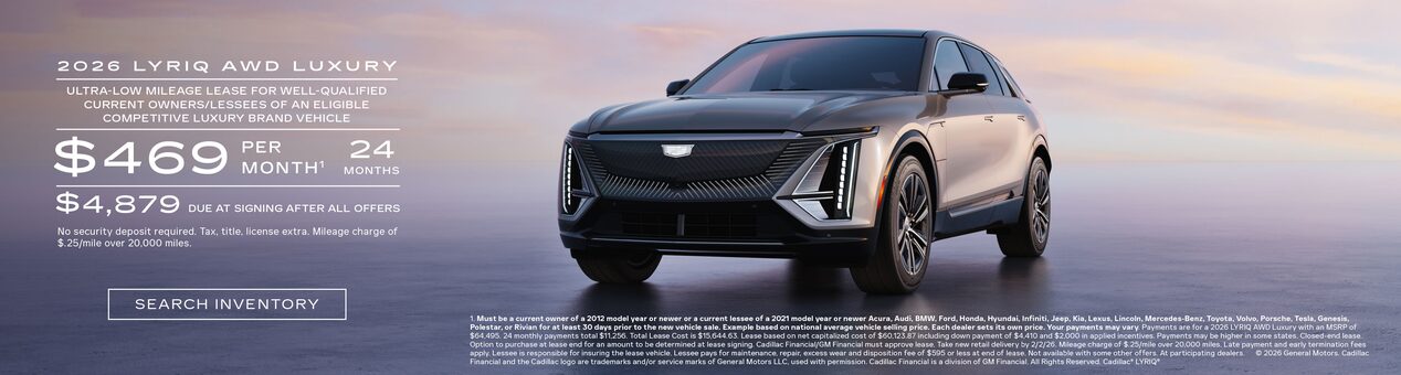 Three-quarter View of a 2026 Cadillac OPTIQ Parked Under a Beautiful Sky Next to a Current Offers Promotional Text