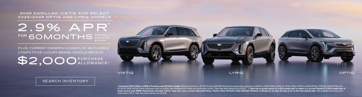 Three-quarter View of a 2025 Cadillac XT6 Parked Under a Beautiful Sky Next to a Current Offers Promotional Text
