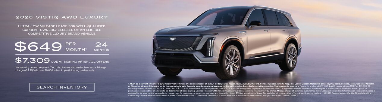 Three-quarter View of a 2025 Cadillac XT5 Parked Under a Beautiful Sky Next to a Current Offers Promotional Text