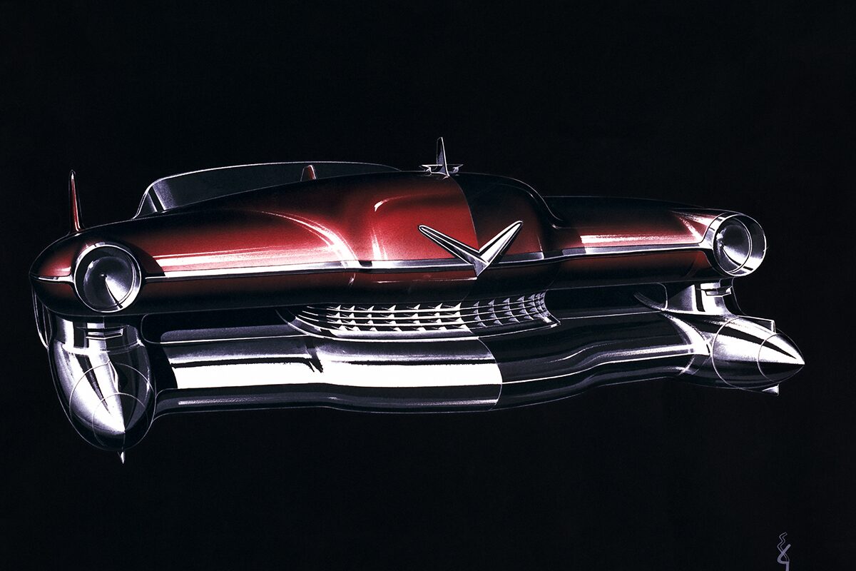 The Front View of a Classic Red Cadillac Grille