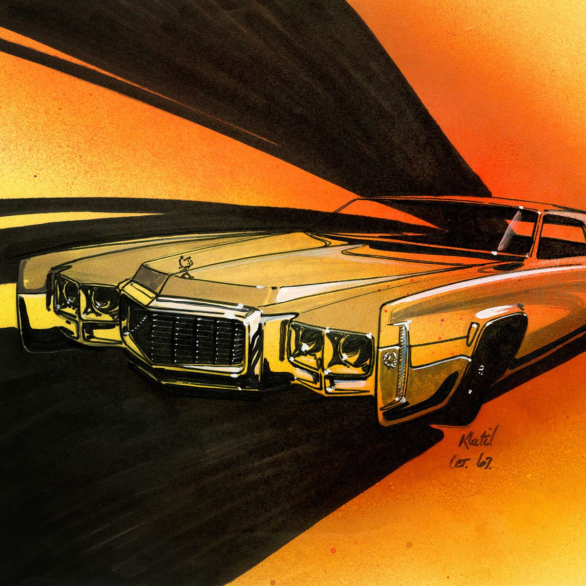 Eldorado 3/4 Front by Joan Klatil, October 1967. Digital print from original rendering, pencil, ink, gouache on vellum. From the GM Design Archive & Special Collections