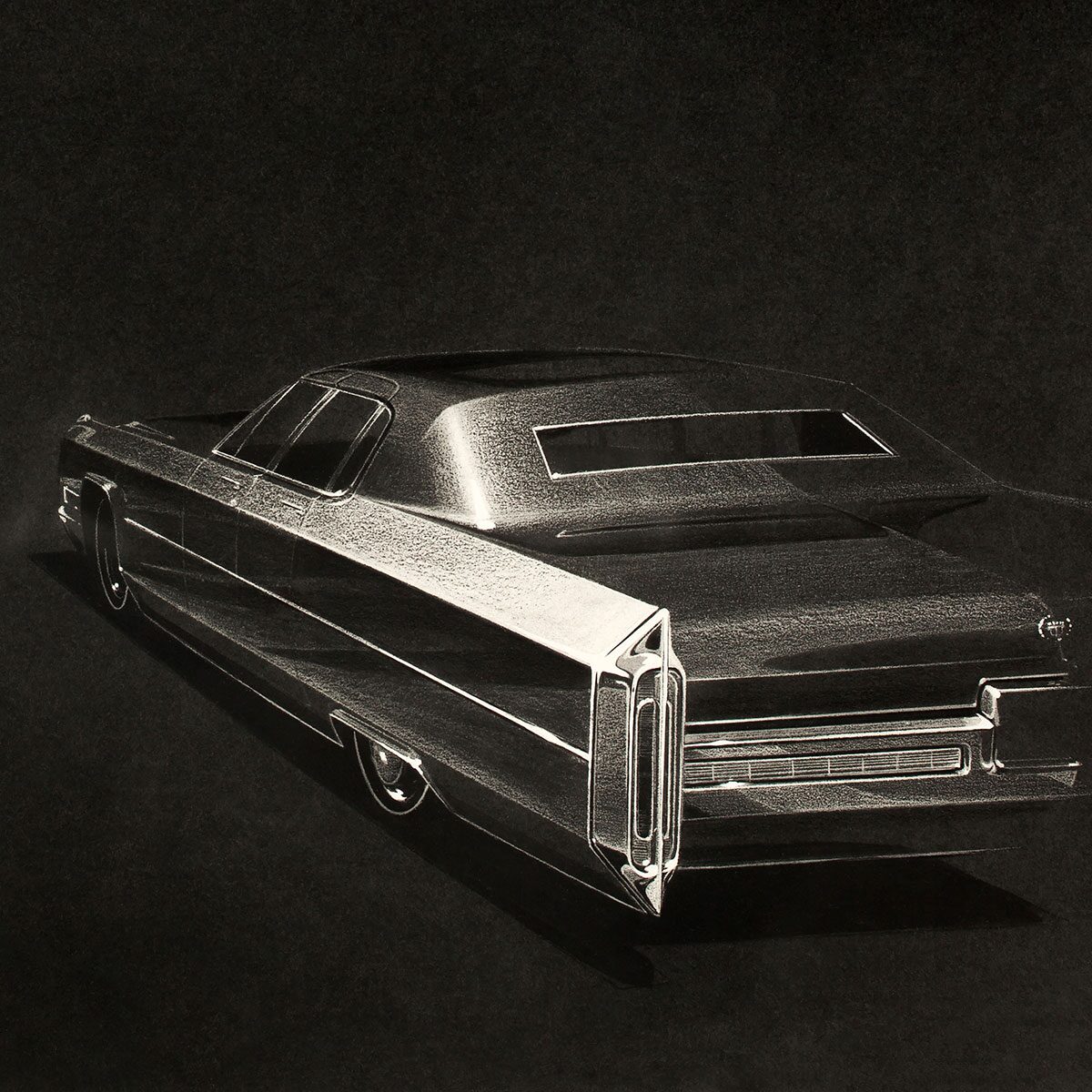 Coupe DeVille 3/4 Rear by Dave Holls, undated. Digital print from original rendering, pencil and gouache on Canson paper. From the GM Design Archive & Special Collections