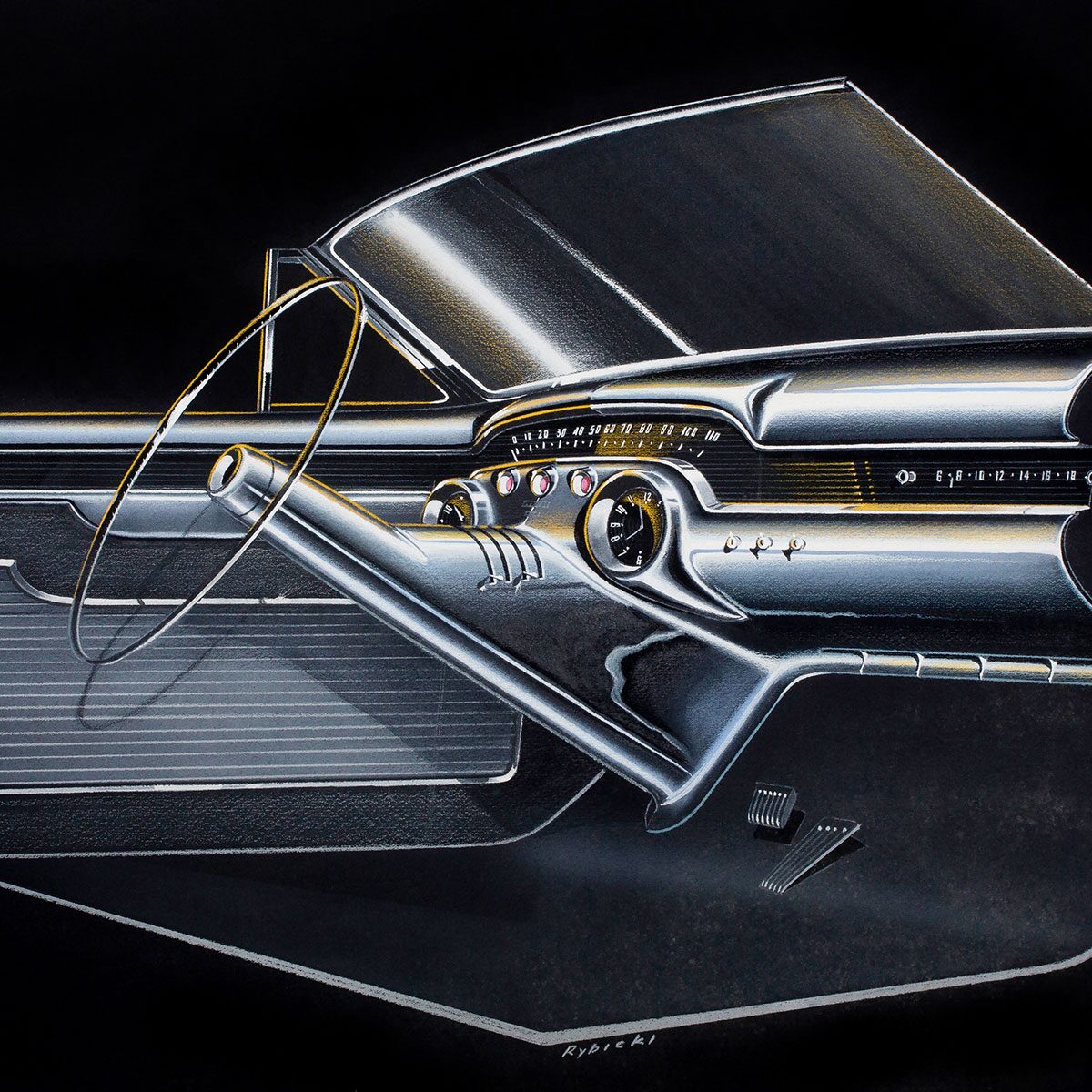 Front End by Wayne Kady, Undated. Digital print of original rendering, pencil, gouache on Canson paper. From the GM Design Archive & Special Collections