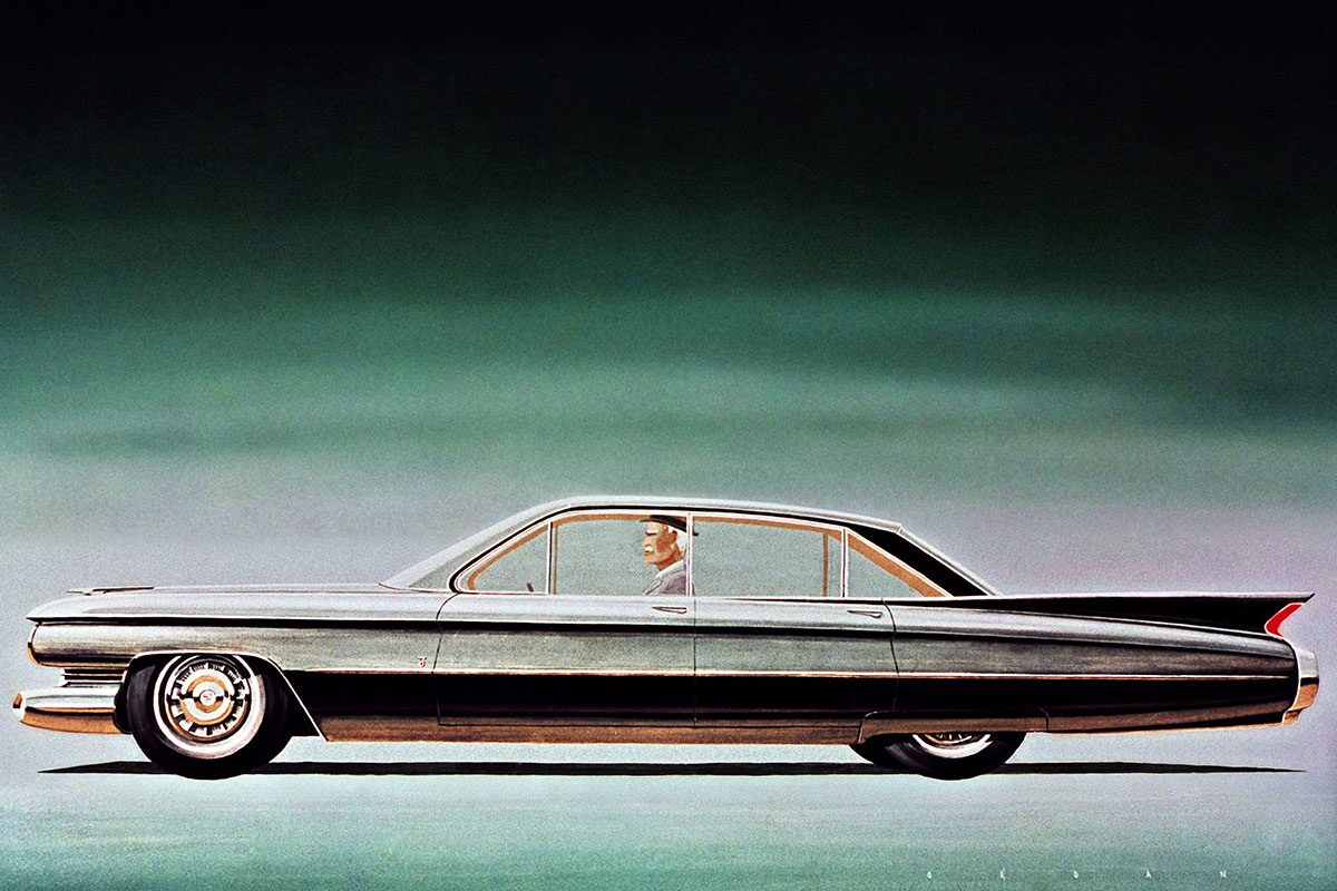 1959 Eldorado Brougham with Driver by Charles "Chuck" Jordan, Undated ca. 1950s. Digital print of original rendering, gouarche and acrylic on board. From the GM Design Archive & Special Collections