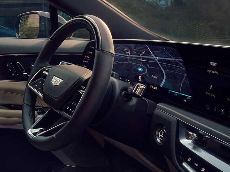 Side view of the steering wheel and dashboard on the 2025 Cadillac LYRIQ.