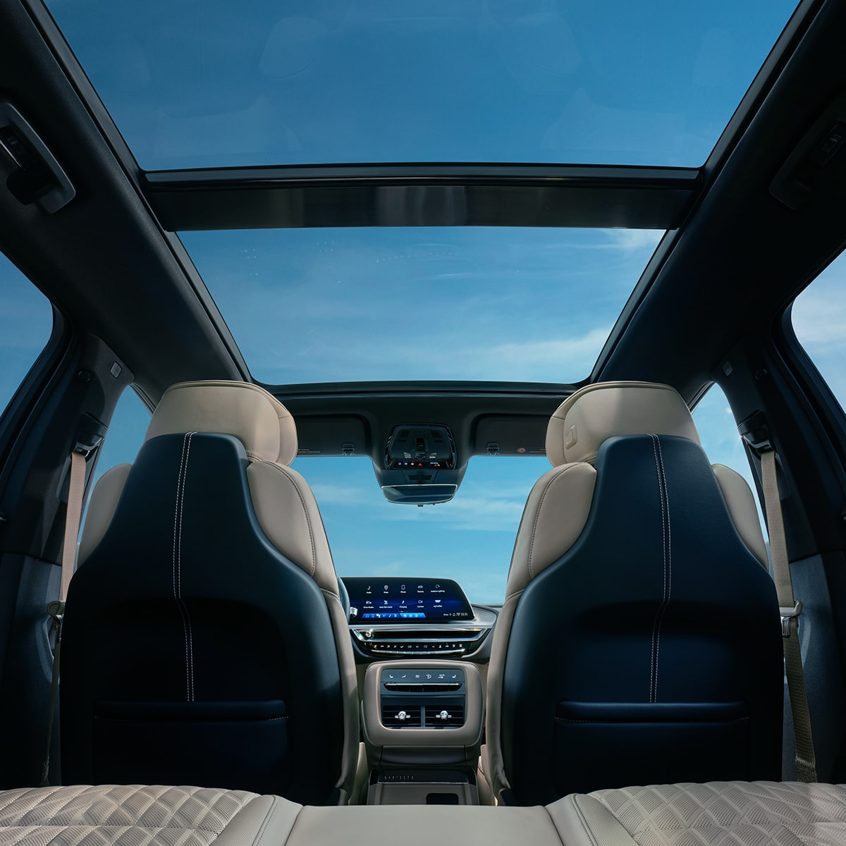 Back Seat View of the 2025 Cadillac LYRIQ Front Row and Panoramic Sunroof