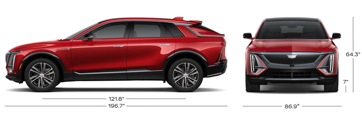 The Side Profile and Front Profile of a Red 2025 Cadillac LYRIQ