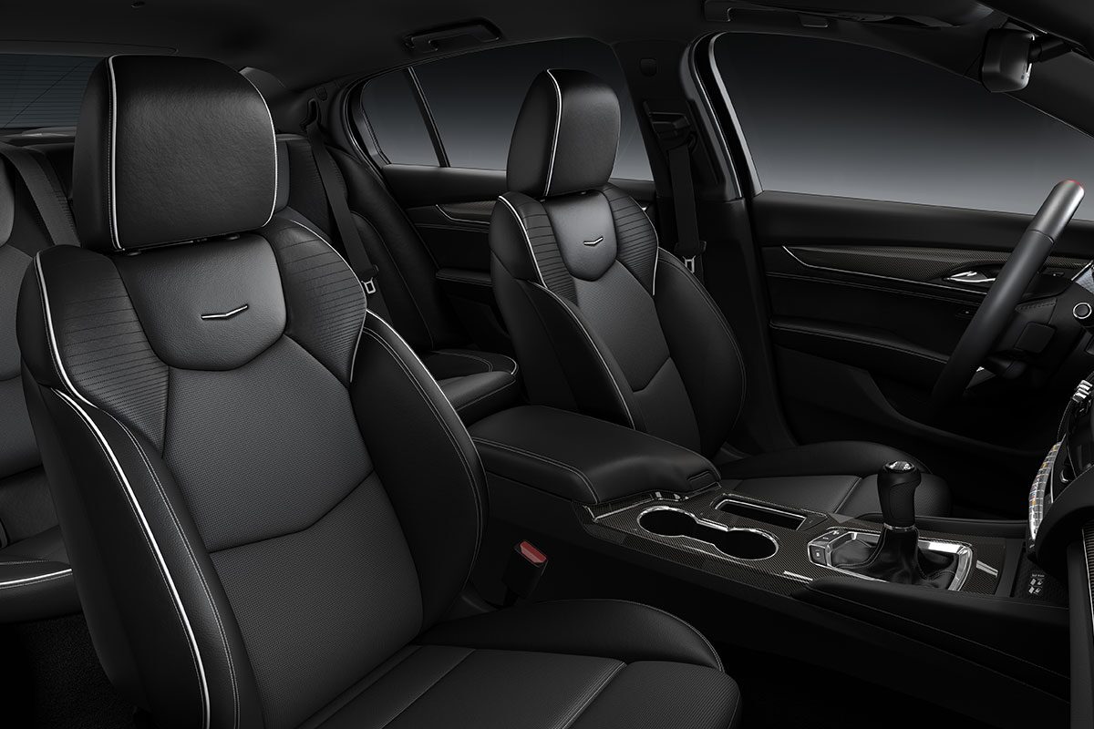 Three-Quarters View of the All Black Back Seats and Spacious Leg Room of a 2025 Cadillac CT5-V Blackwing