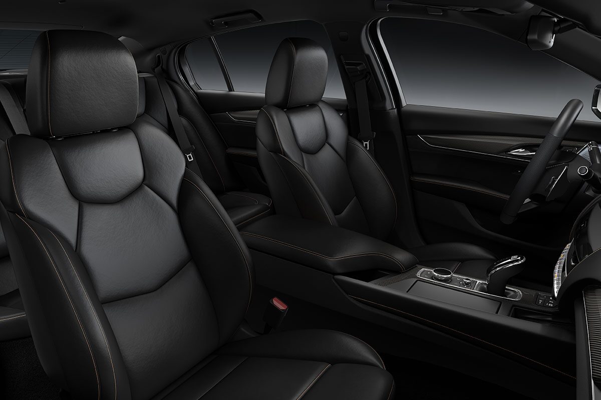 Three-Quarters View of the Rear Row and Spacious Leg Room of a 2025 Cadillac CT5-V