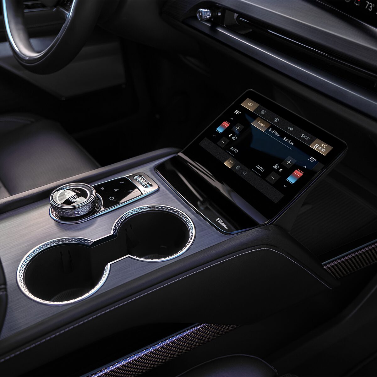 Close-up of the 2026 VISTIQ Middle Console Including the Cup Holders, Gear Knob, and Climate Control Screen