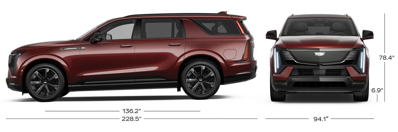 A Side Profile and a Front Profile View of the 2026 ESCALADE IQL with Dimensions