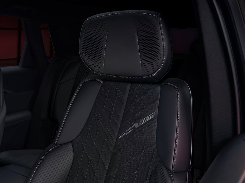 Close-up of the All Black 2026 Cadillac LYRIQ-V Front Row Signature Seats