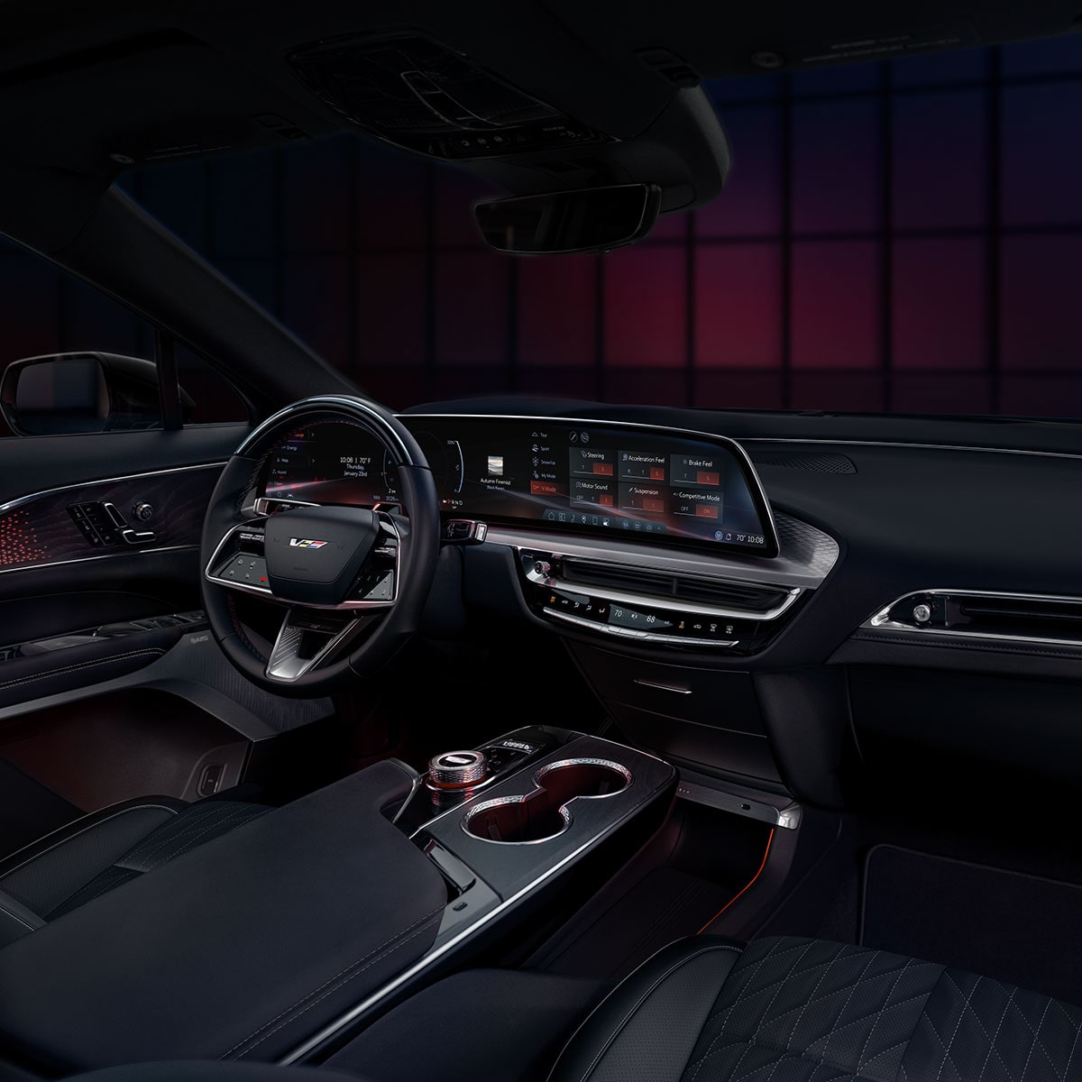 Interior Driver's Side View of a Cadillac LYRIQ V-Series Steering Wheel and Dashboard