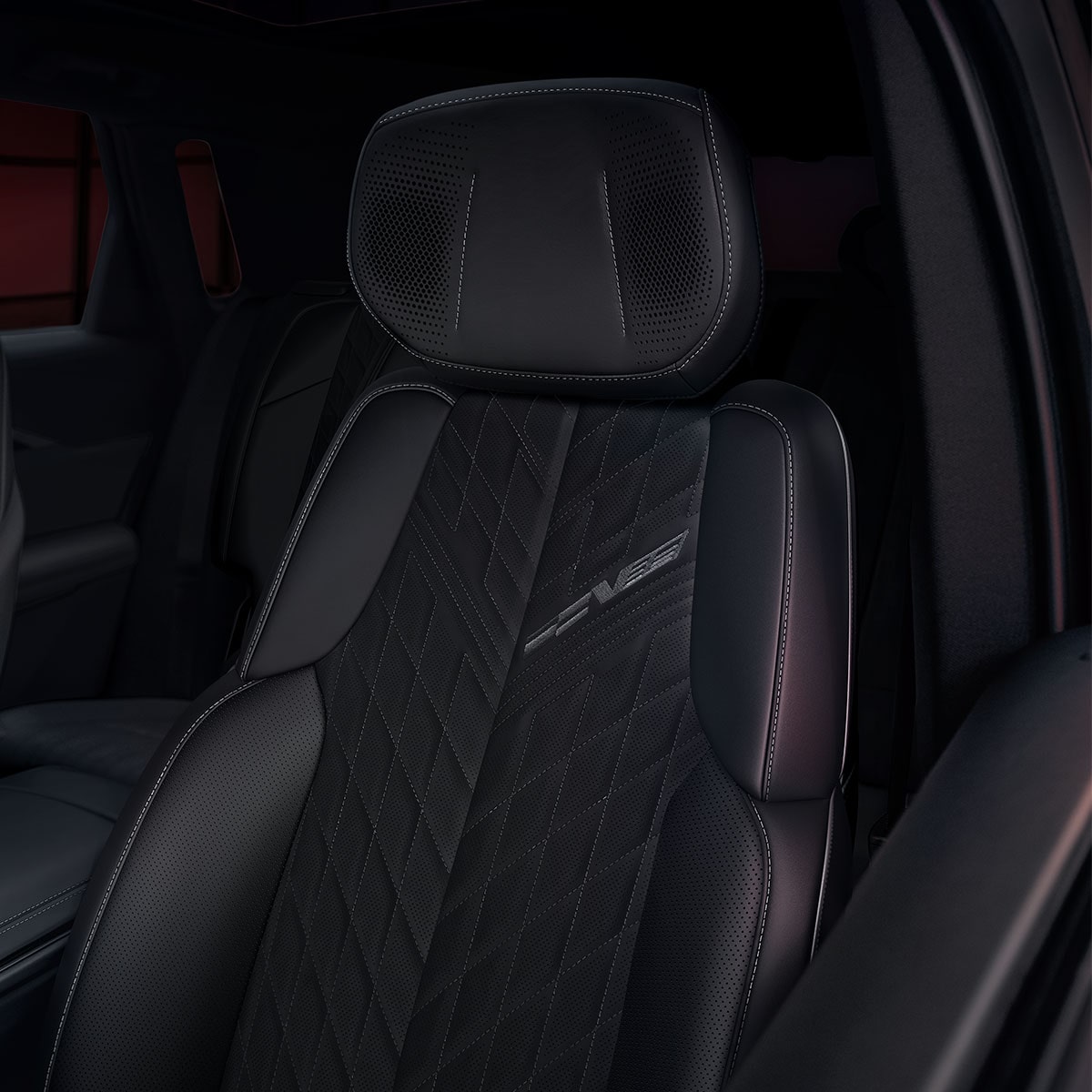 Close-up of the All Black 2026 Cadillac LYRIQ-V Front Row Signature Seats