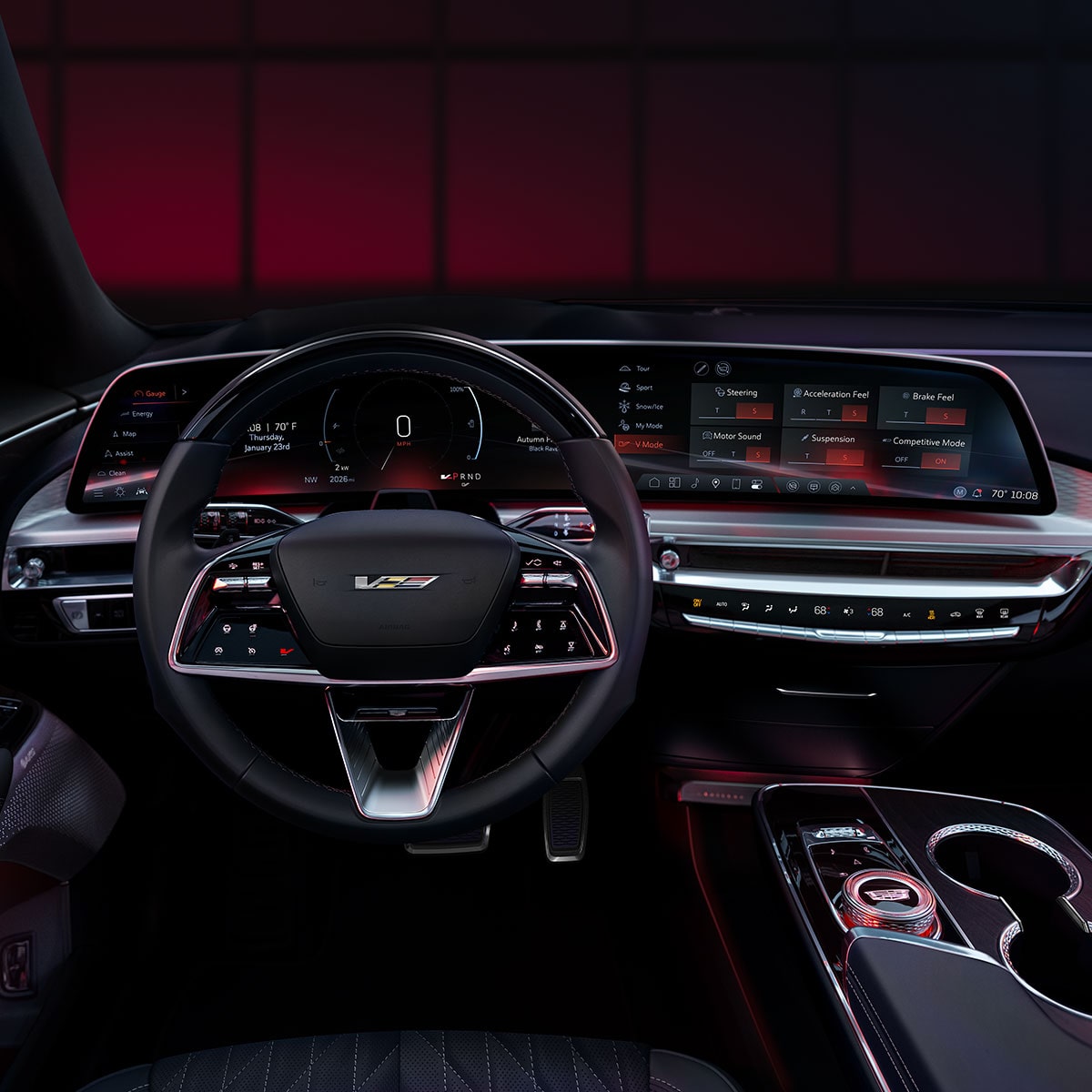 Driver's Seat View of the 2026 Cadillac LYRIQ V-Series Performance Steering Wheel and Dashboard
