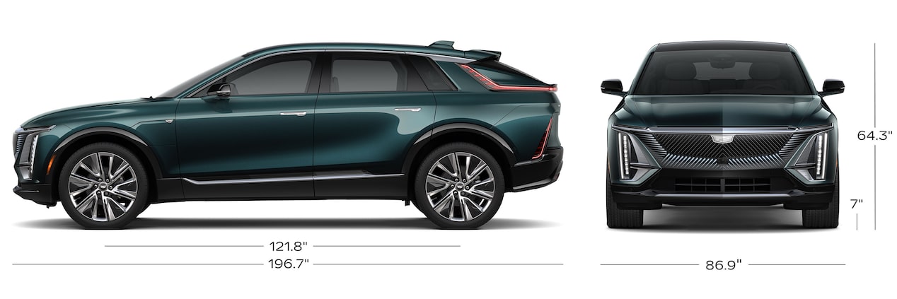 The Side Profile and Front Profile of a Dark Green Cadillac LYRIQ with its Size Dimensions