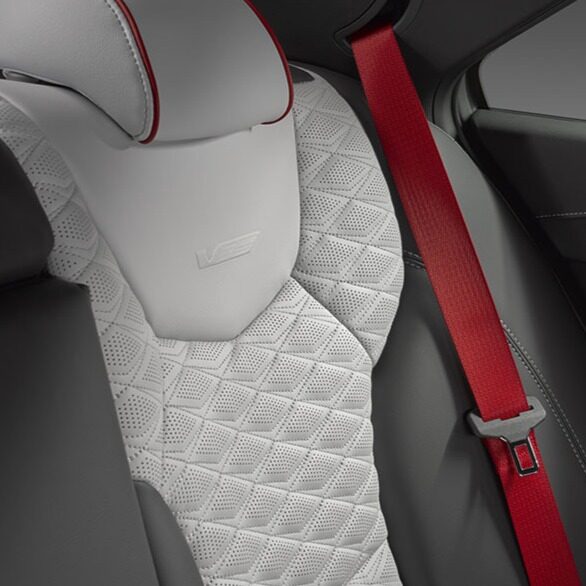 Close-up of the Race-inspired CT4-V Back Seat Interior and Red Seatbelt