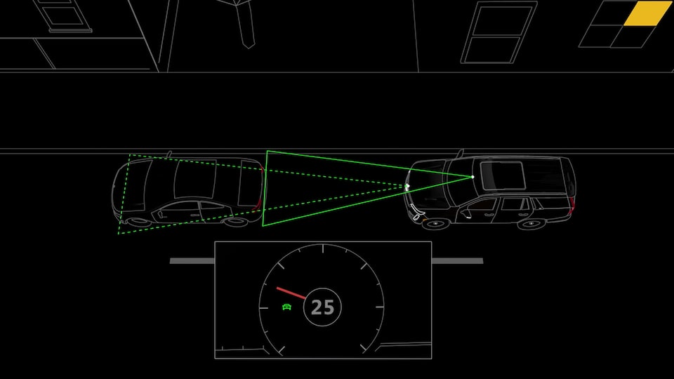 The 2026 Cadillac XT5 Utilizing Front Pedestrian Braking Feature While Somebody Crosses the Street