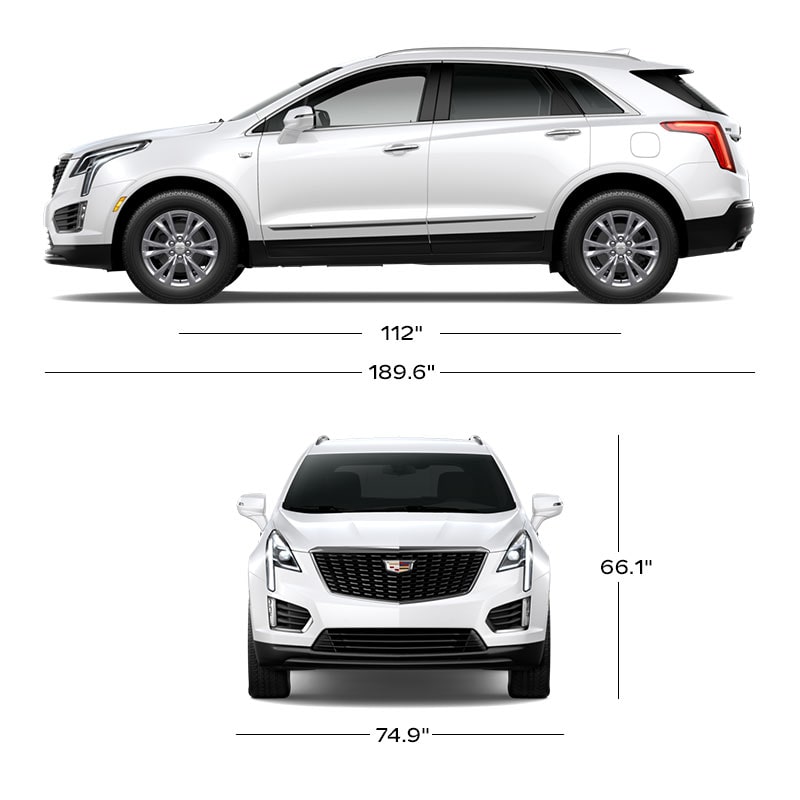 A Side Profile and a Front View of the White 2026 XT5 with Dimensions Displayed