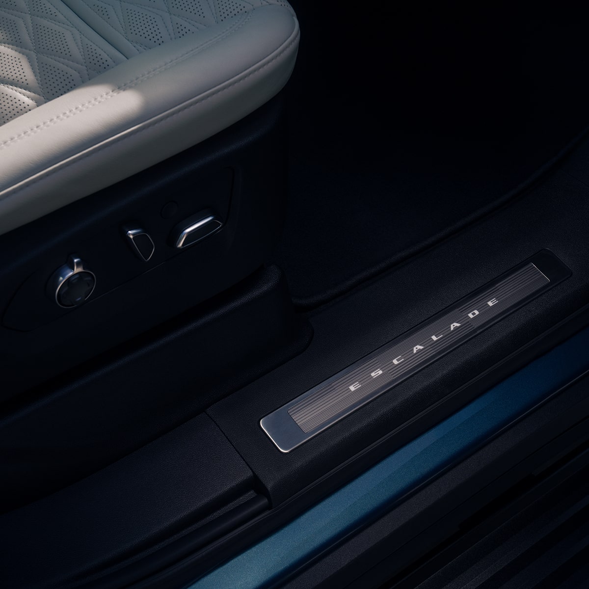 Close-Up of the Cadillac Crest on the 2025 Escalade Interior Door Sill Plate