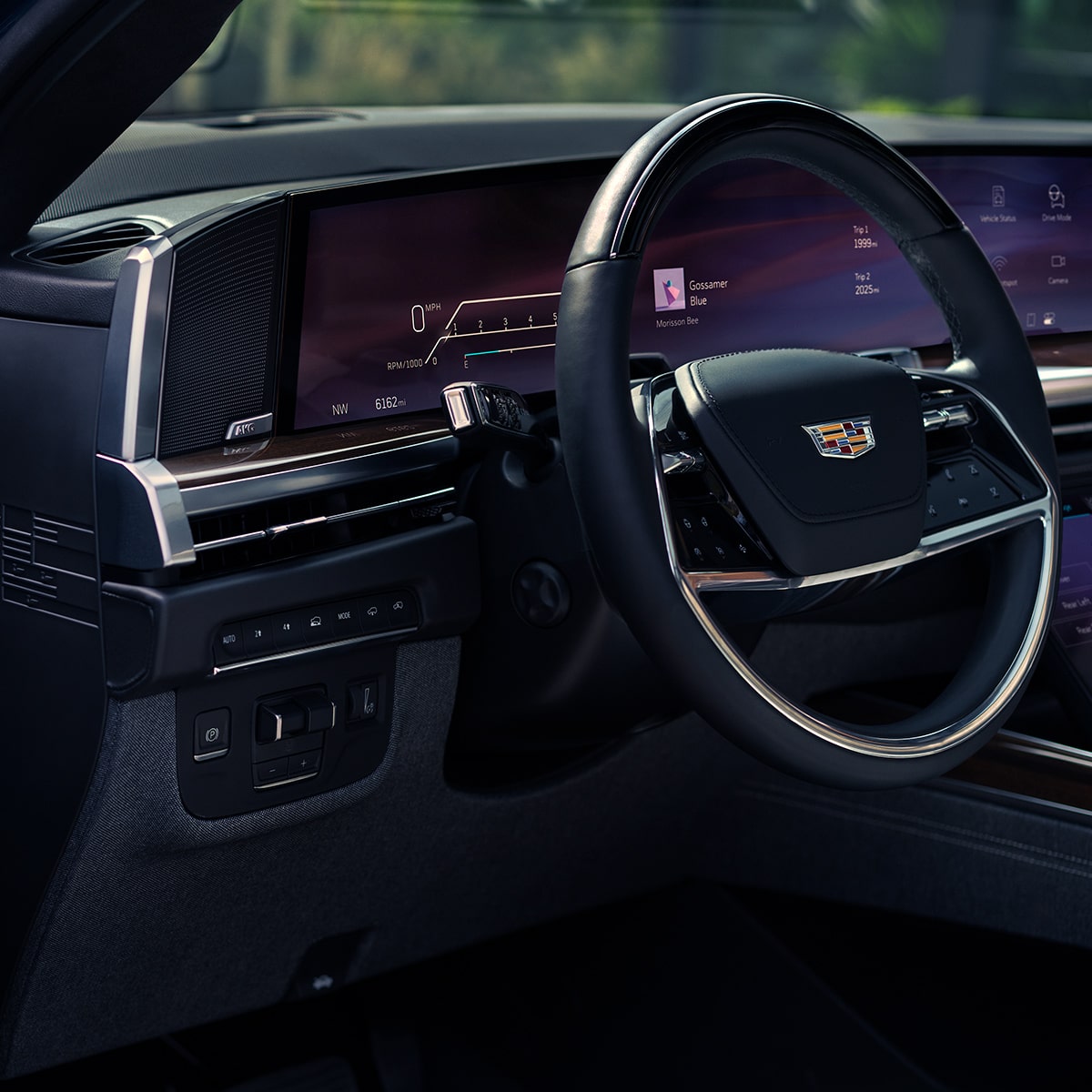 Close-Up of the 2025 Escalade Leather Wrapped Steering Wheel