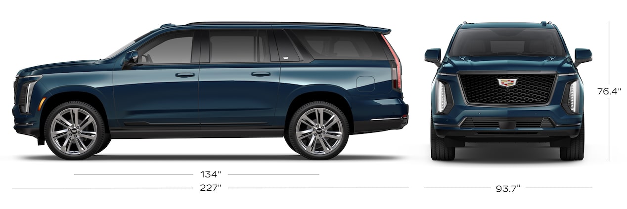 A Side View and Front Profile View of the Blue Escalade ESV with the Dimensions Displayed