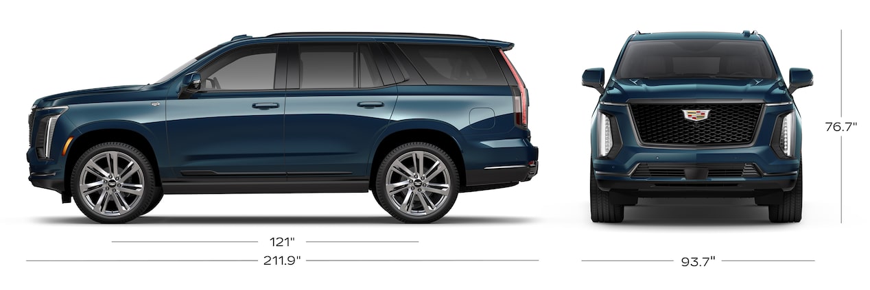 A Side View and Front Profile View of the Blue Escalade with the Dimensions Displayed