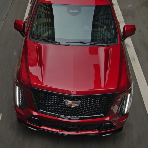 Top View of a Red 2025 Escalade-V Hood and Windshield
