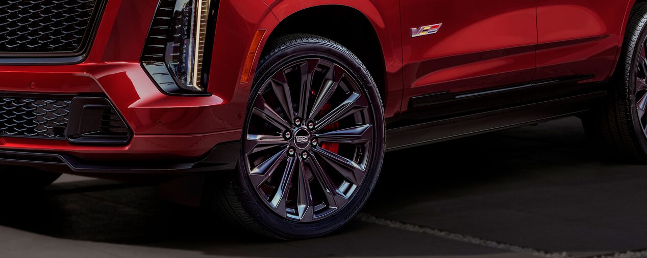 Close-up View of the Wheels and Rims on a Cadillac Performance V-Series Vehicle.